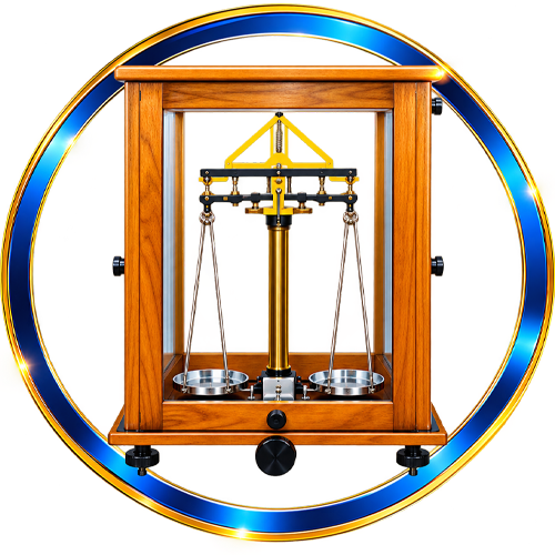 Analytical balance in a wooden glass case