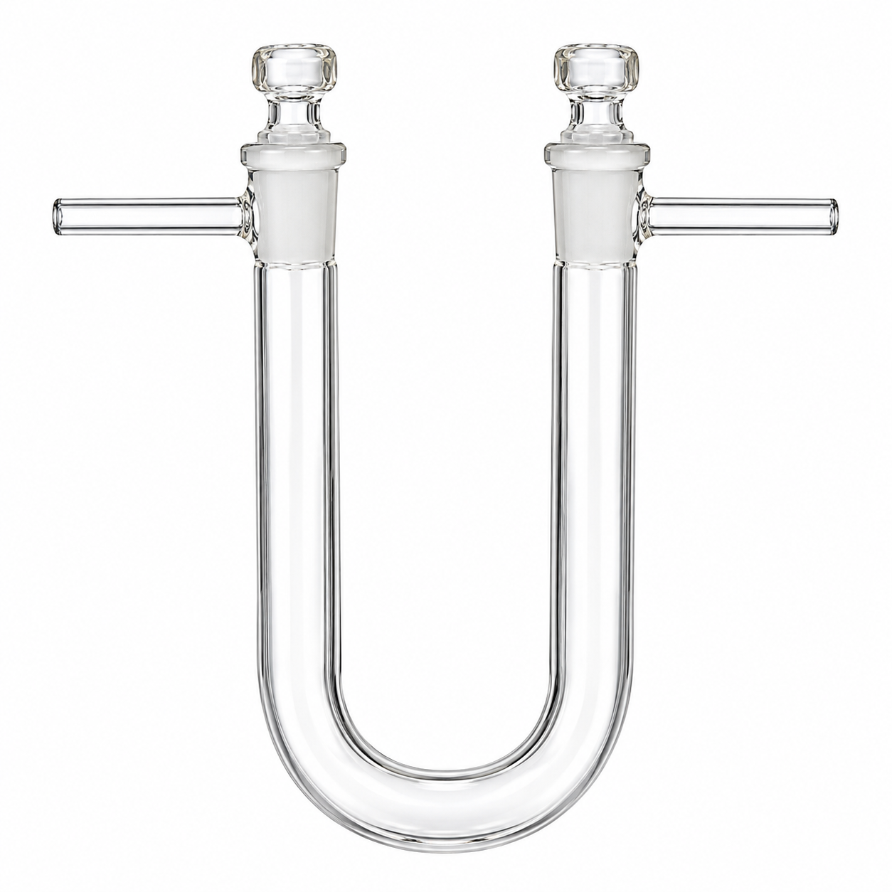 CALCIUM CHLORIDE TUBE, U-SHAPED, WITH SIDE TUBE AND INTERCHANGEABLE STOPPER – BOROSILICATE GLASS