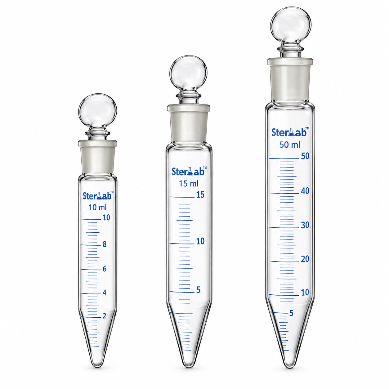 CENTRIFUGE TUBE CONICAL BOTTOM GRADUATED WITH INTERCHANGEABLE STOPPER - BOROSILICATE GLASS