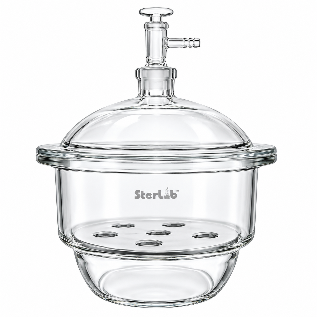 DESICCAT0R WITH LID VACUUM DIE-PRESSED WITH PORCELAIN PERFORATED PLATE AND GLASS STOPCOCK – NEUTRAL GLASS