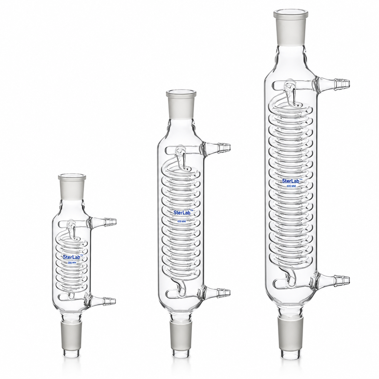 DOUBLE COIL CONDENSERS, WITH COMMON INLET – BOROSILICATE GLASS
