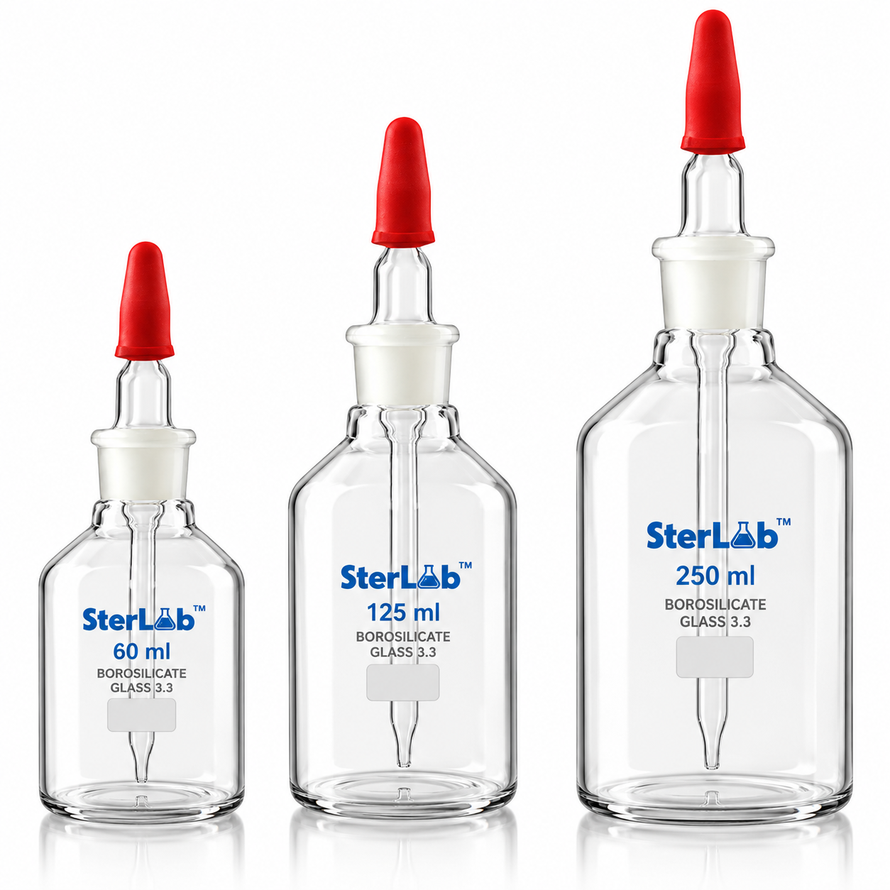DROPPING BOTTLE – WITH INTERCHANGEABLE STOPPER AND RUBBER TEAT - BOROSILICATE GLASS