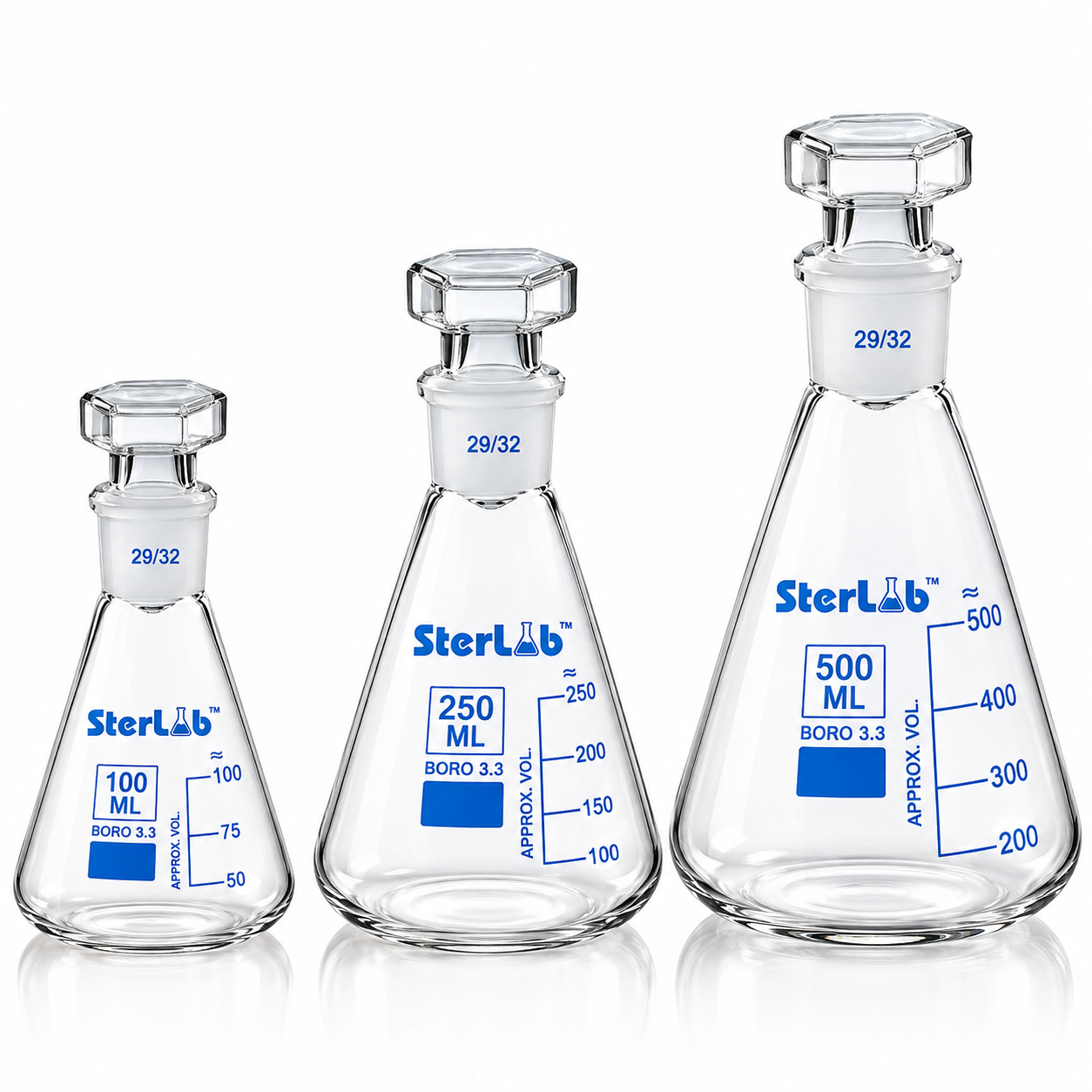 FLASKS, CONICAL WITH INTERCHANGEABLE STOPPER – BOROSILICATE GLASS