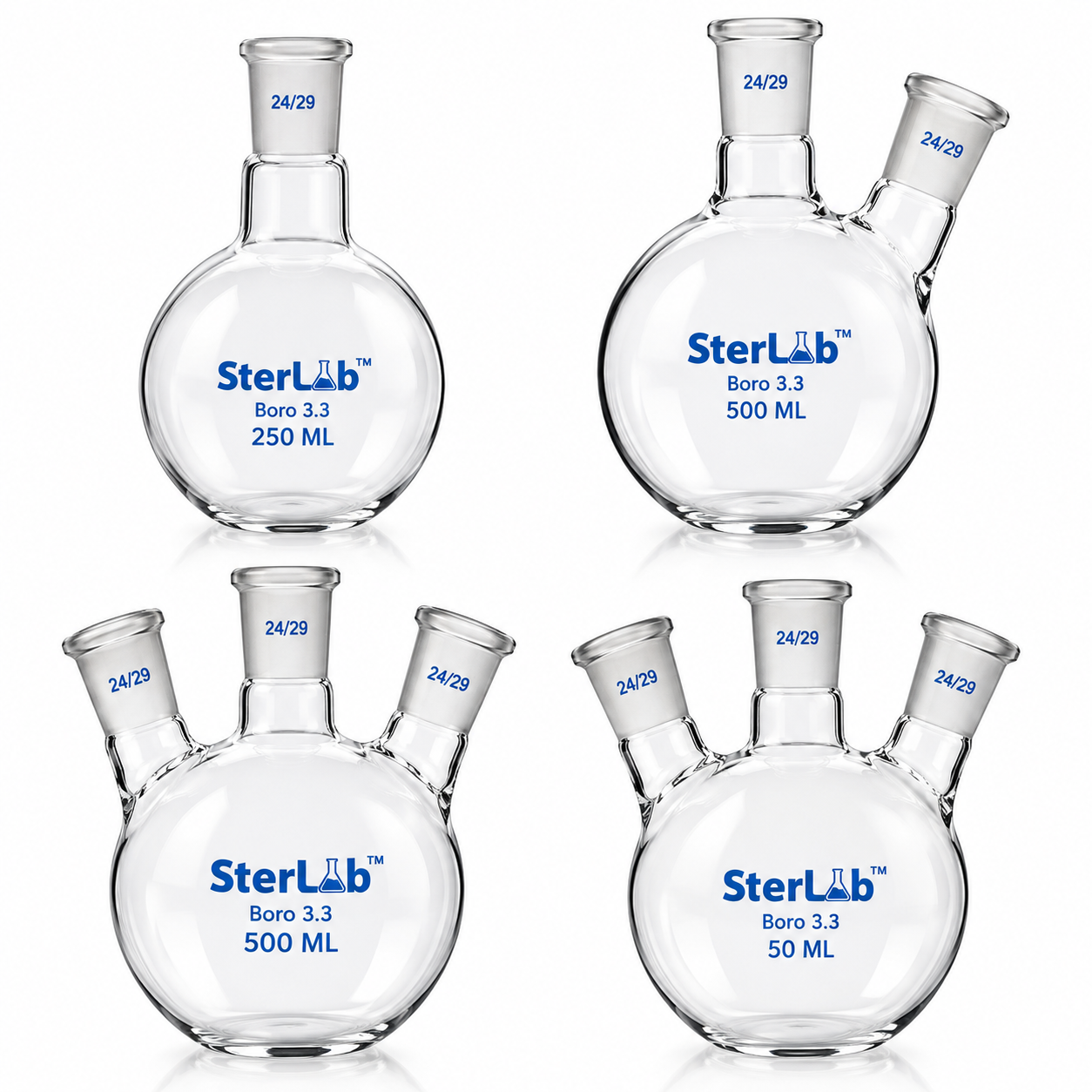 FLASKS, FLAT OR ROUND BOTTOM, MULTIPLE NECKS WITH ANGLED OR PARALLEL NECKS – BOROSILICATE GLASS