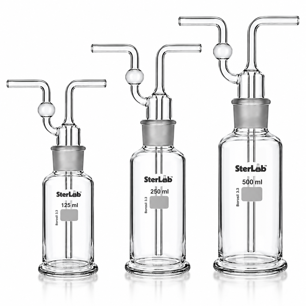 GAS WASHING BOTTLES, DRECHSEL'S TYPE WITH INTERCHANGEABLE JOINTS - BOROSILICATE GLASS