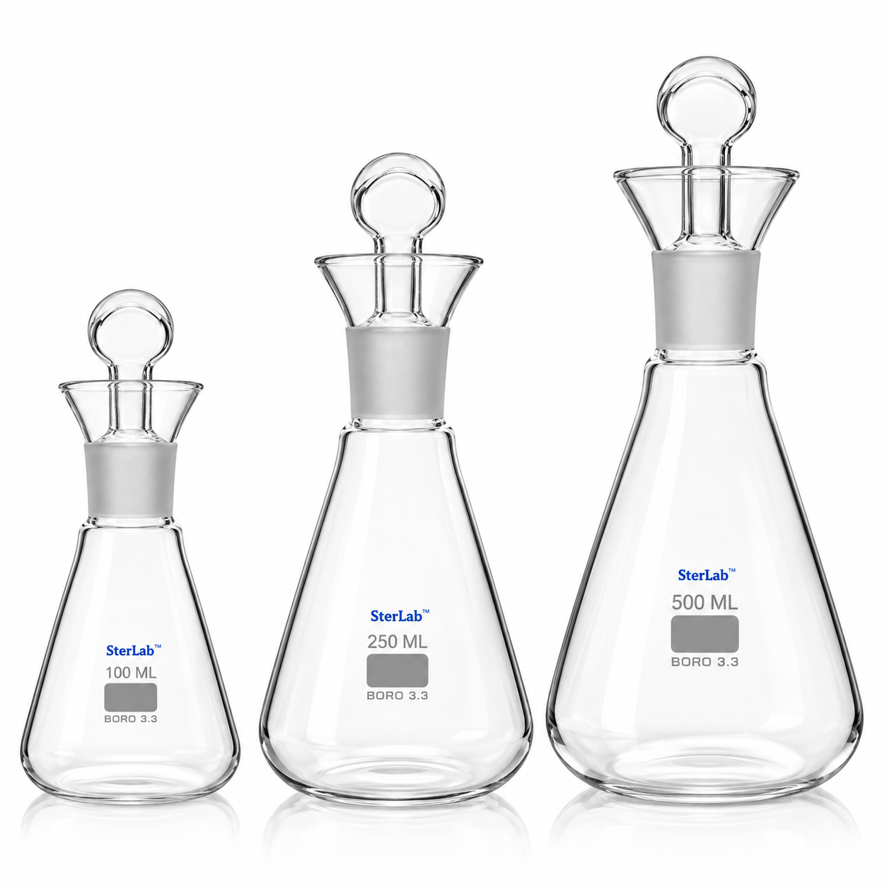 IODINE FLASKS WITH FLARING, FUNNEL-SHAPED CUP – BOROSILICATE GLASS