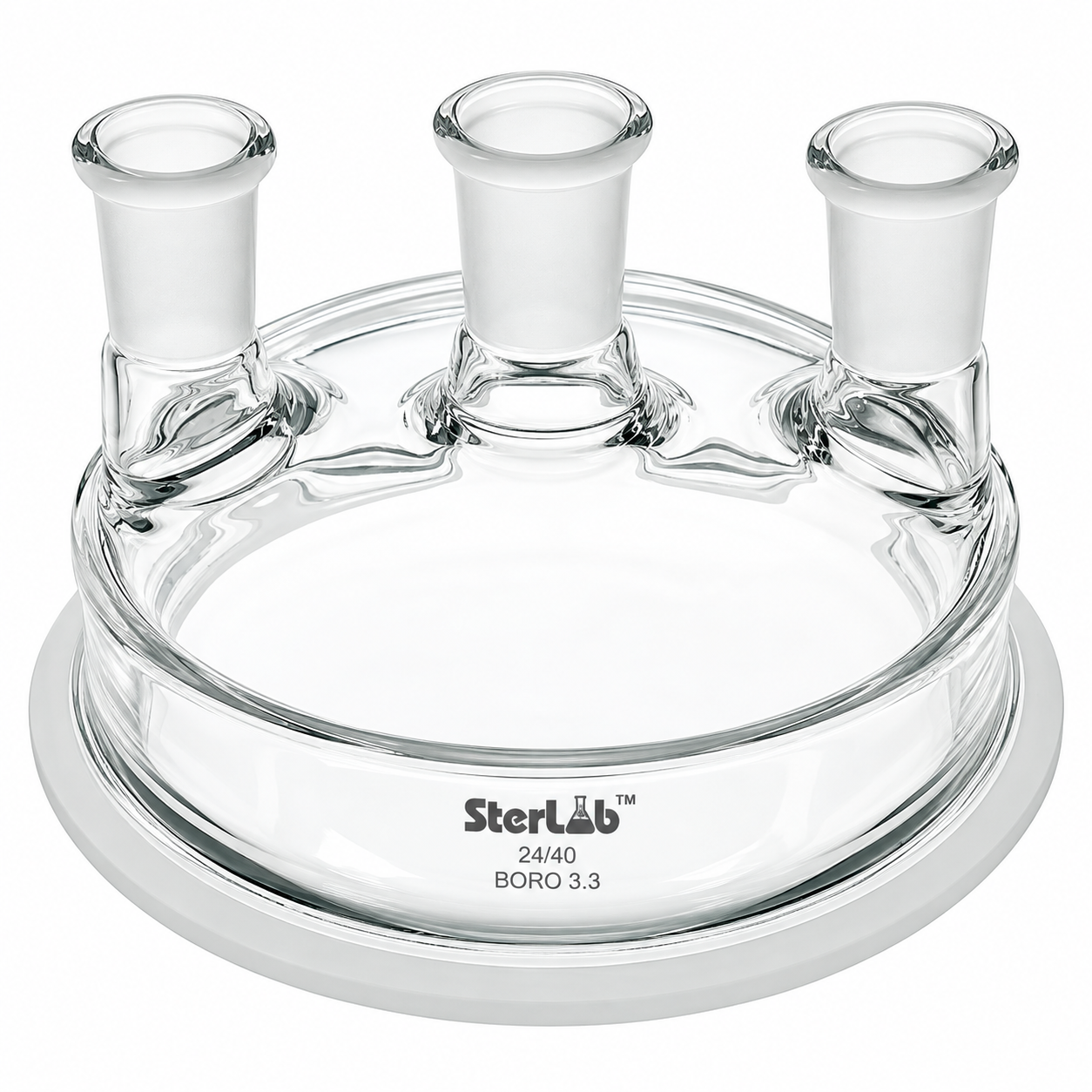 LID FOR REACTION FLASKS, FLAT FLANGE WITH MULTIPLE SOCKETS – BOROSILICATE GLASS