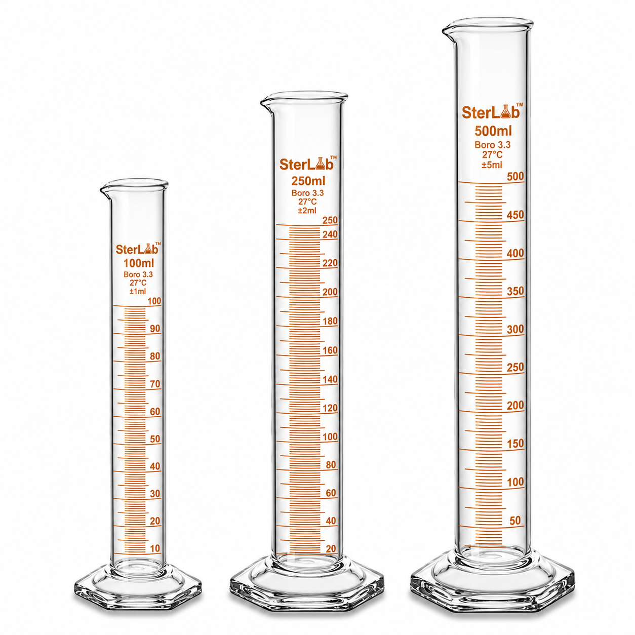 MEASURING CYLINDERS WITH HEXAGONAL BASE - BOROSILICATE GLASS