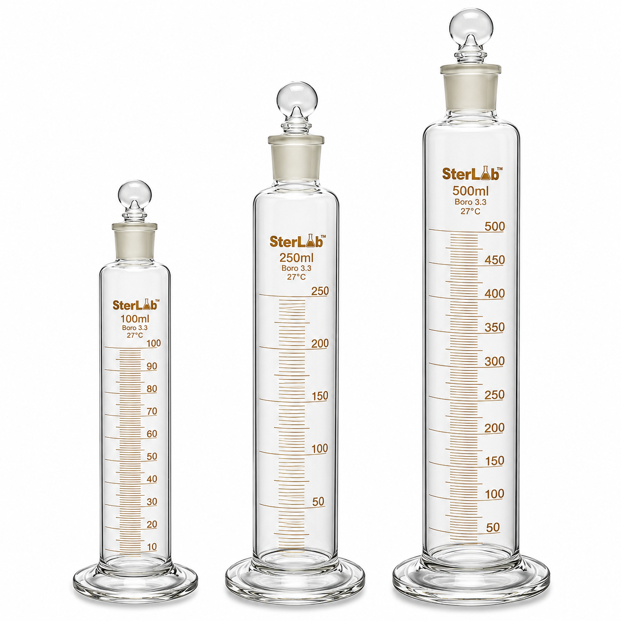 MEASURING CYLINDERS WITH INTERCHANGEABLE STOPPER - BOROSILICATE GLASS