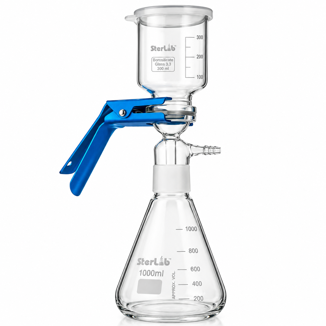 MEMBRANE FILTER HOLDER ASSEMBLY WITH MEMBRANE SUPPORT, FUNNEL, FLASK AND CLAMP – BOROSILICATE GLASS