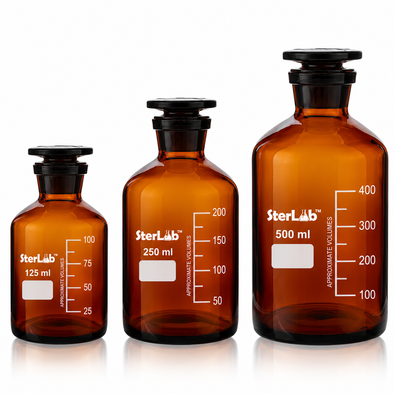 REAGENT BOTTLE – AMBER NARROW MOUTH, WITH INTERCHANGEABLE HEXAGONAL FLAT-HEAD HOLLOW STOPPER - BOROSILICATE GLASS