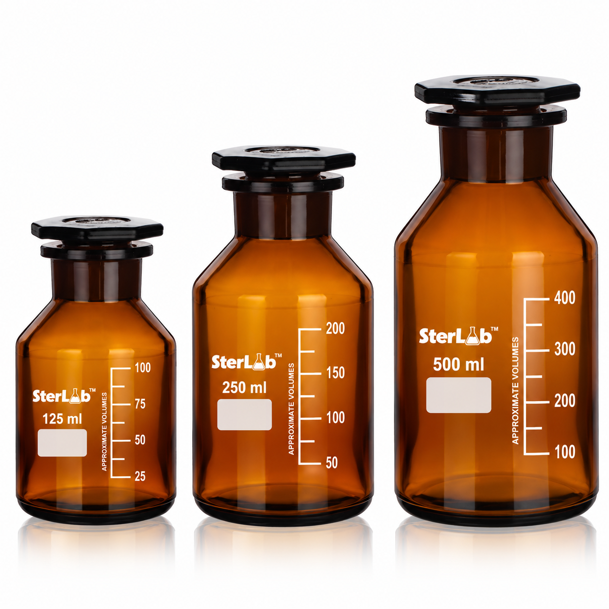 REAGENT BOTTLE – AMBER WIDE MOUTH, WITH INTERCHANGEABLE HEXAGONAL FLAT-HEAD HOLLOW STOPPER - BOROSILICATE GLASS