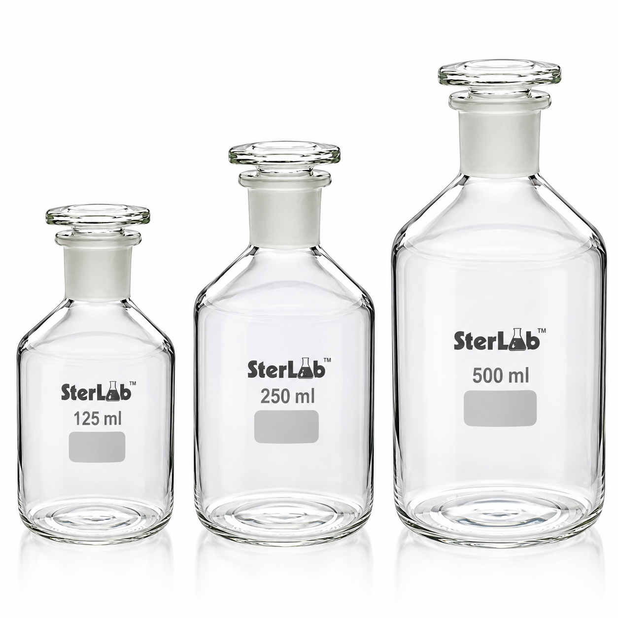 REAGENT BOTTLE NARROW MOUTH – CLEAR, GLASS STOPPER - BOROSILCATE GLASS