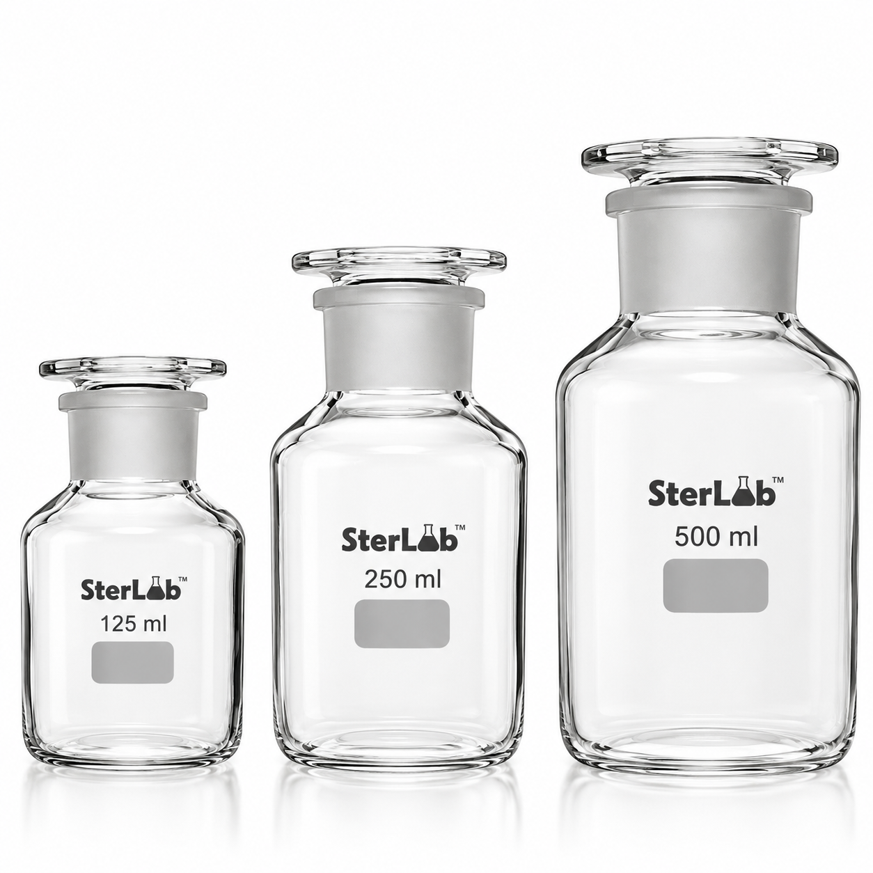 REAGENT BOTTLE WIDE MOUTH – CLEAR, GLASS STOPPER - BOROSILCATE GLASS
