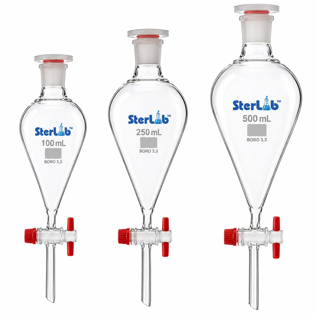 SEPARATING FUNNELS WITH PTFE KEY STOPCOCK, INTERCHANGEABLE STOPPER PEAR SHAPE – BOROSILICATE GLASS