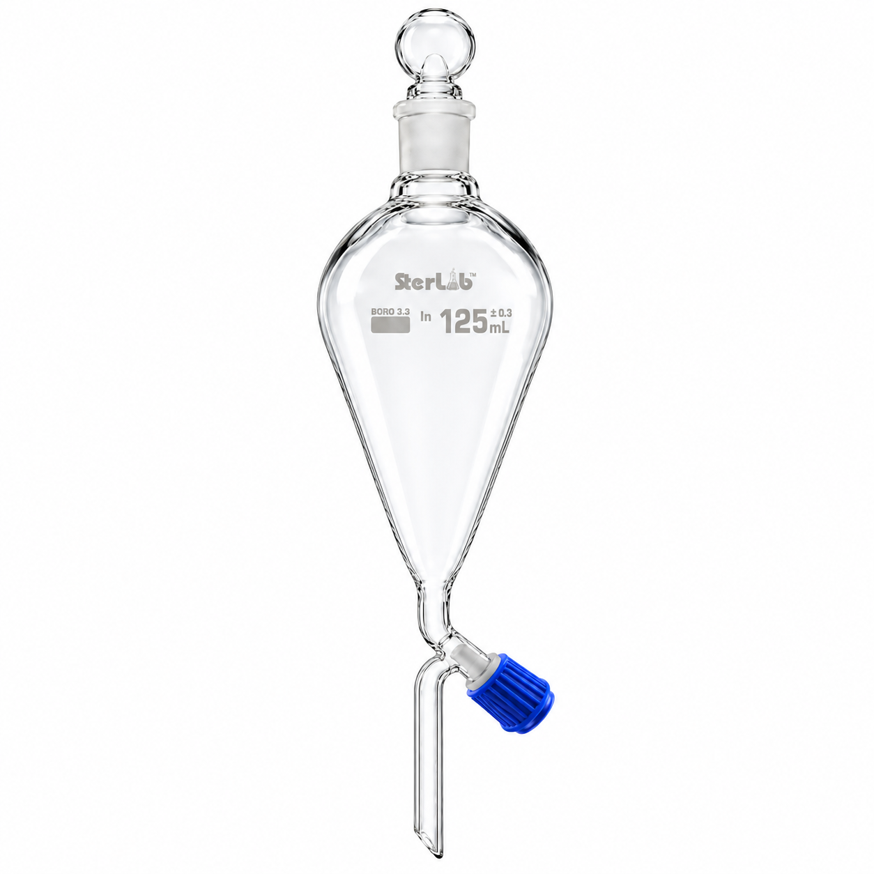 SEPARATING FUNNEL WITH SCREW TYPE ROTAFLOW STOPCOCK INTERCHANGEABLE STOPPER PEAR SHAPE – BOROSILICATE GLASS