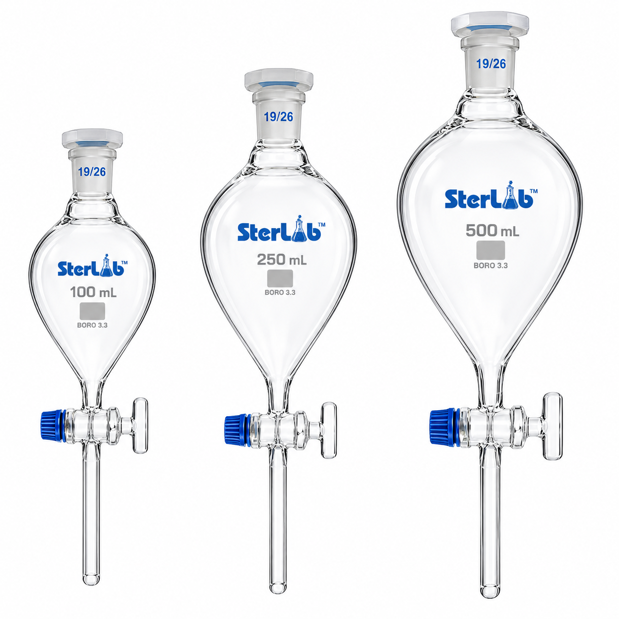 SEPARATING FUNNEL WITH STOPCOCK AND INTERCHANGEABLE STOPPER PEAR SHAPE – BOROSILICATE GLASS