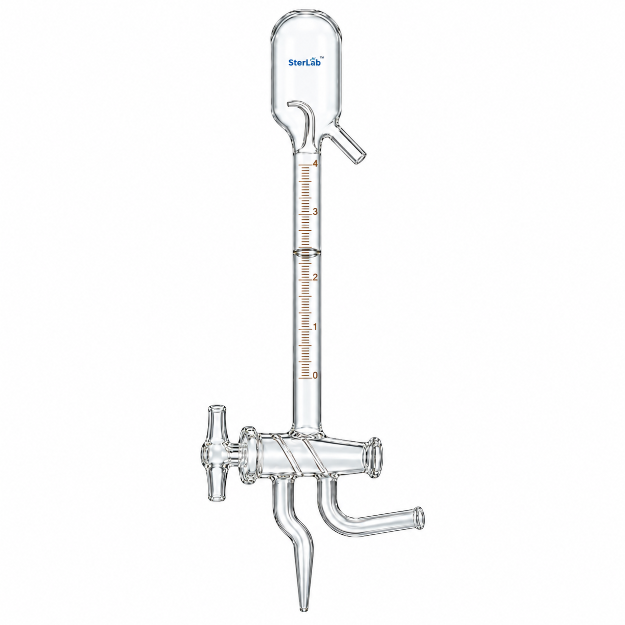 SULPHUR BURETTE WITH AUTOMATIC ZERO AND THREE-WAY DOUBLE OBLIQUE-BORE STOPCOCK AT THE BOTTOM – BOROSILICATE GLASS