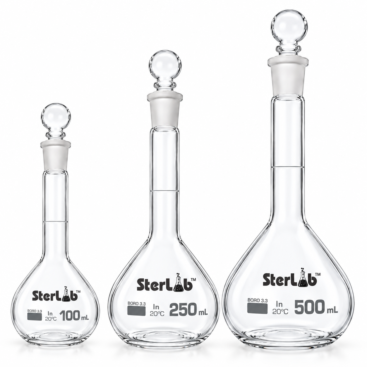 VOLUMETRIC (MEASURING) FLASK WITH INTERCHANGEABLE STOPPER – BOROSILICATE GLASS